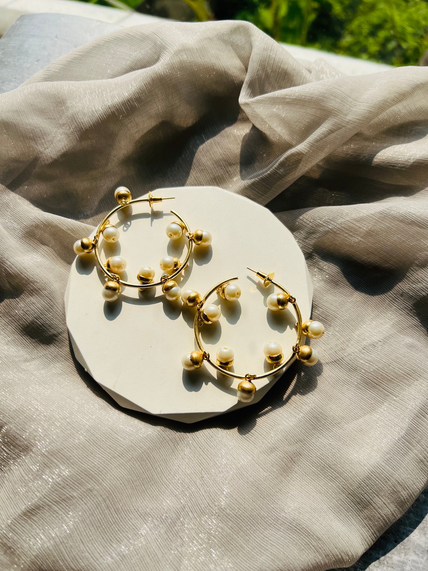 Golden Pearl Charm Hoop Earrings