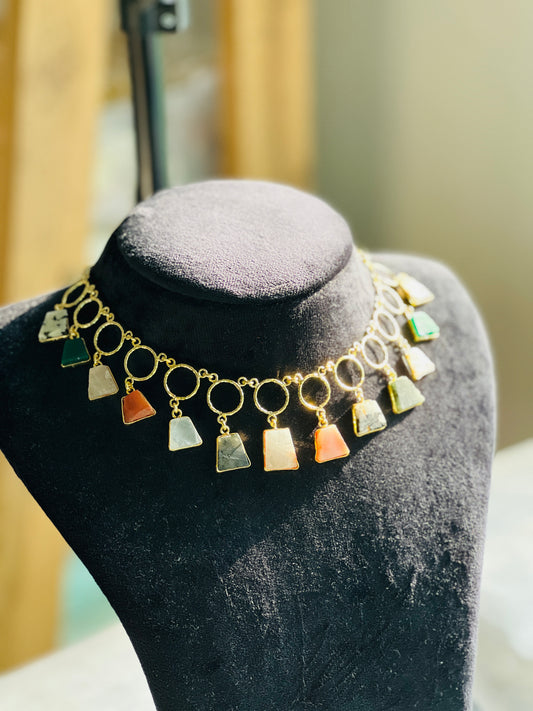 Multi Stone Gold Charm Choker Necklace