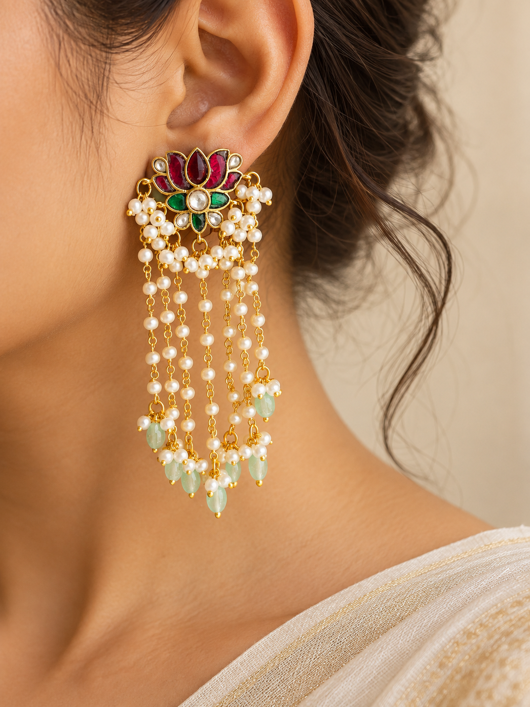Ruby Lotus Pearl Cascade Earrings