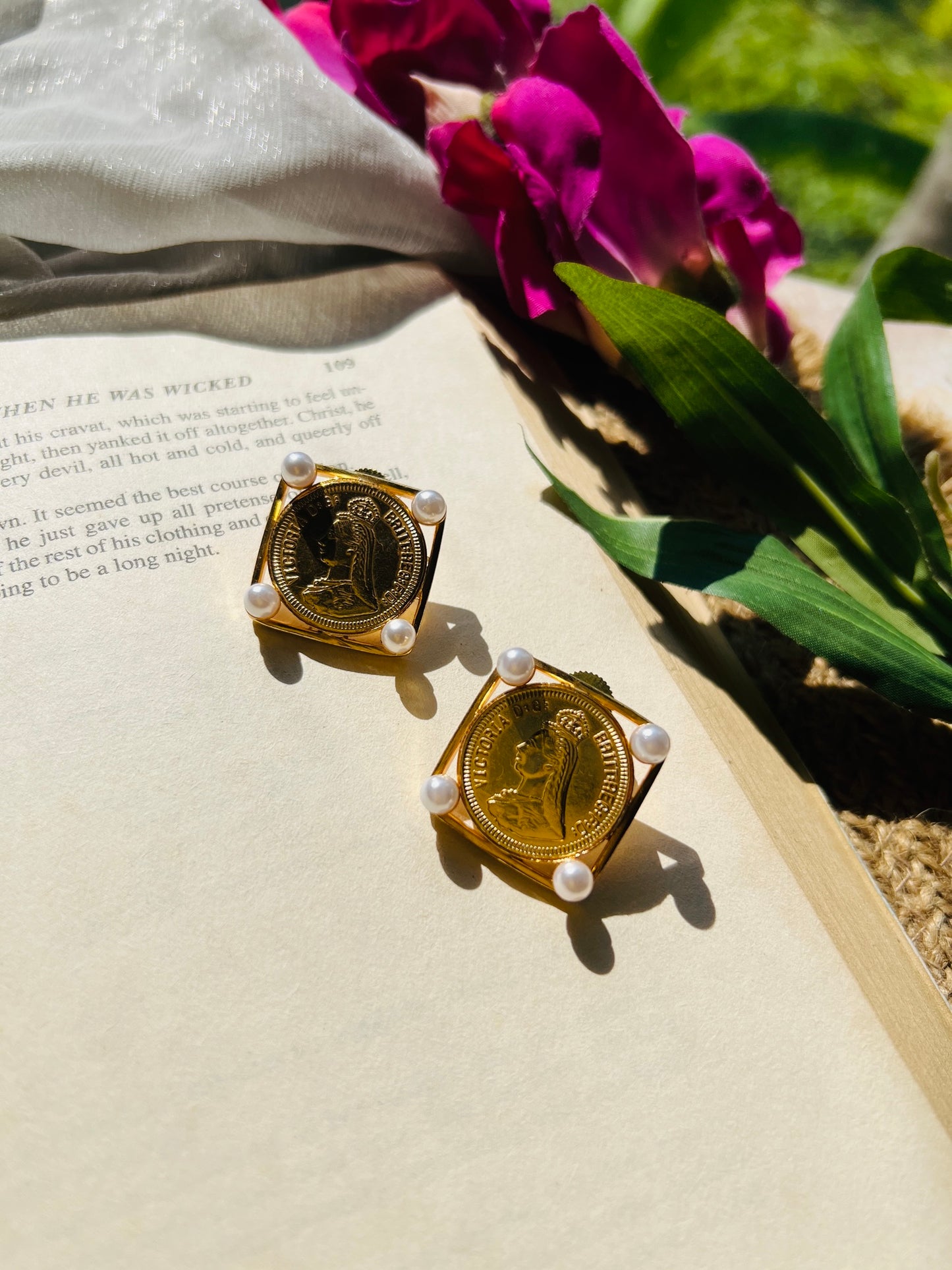 Victorian Pearl Coin Stud Earrings