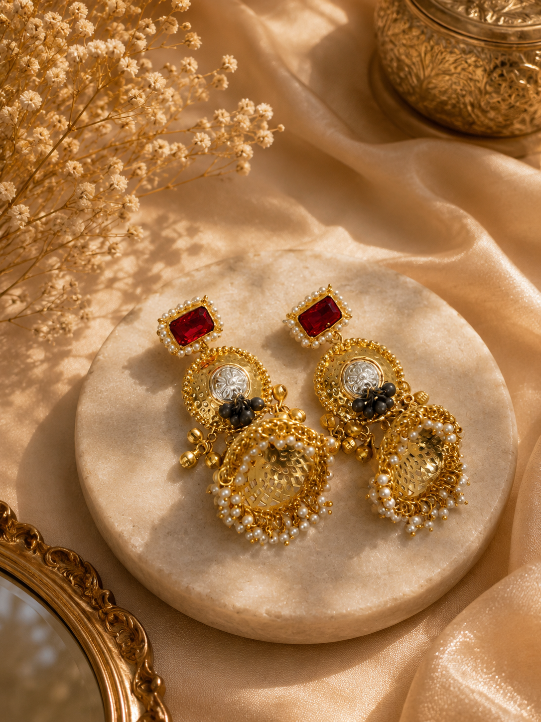 Ruby Noir Pearl Jhumkas