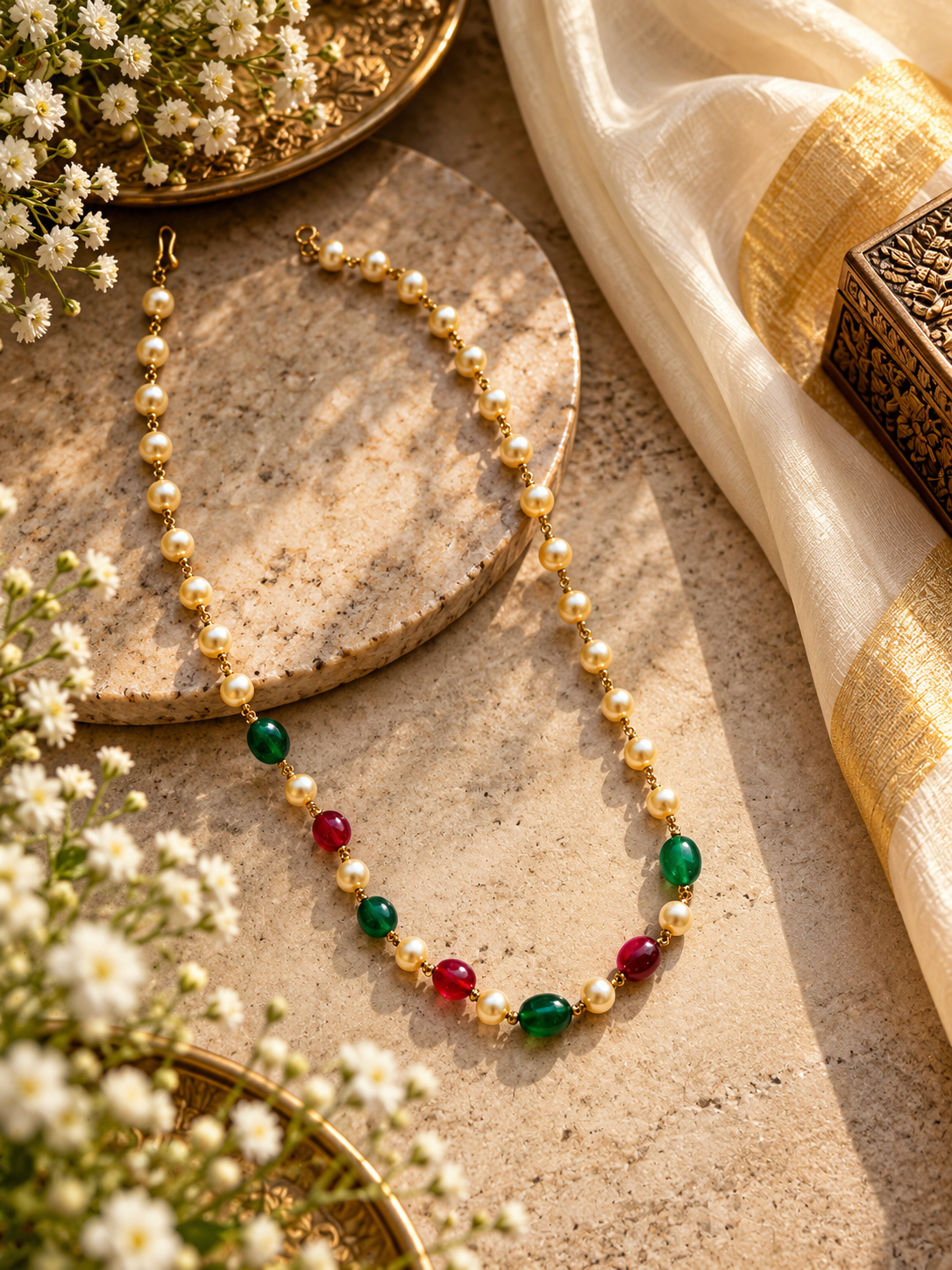Ruby Emerald Pearl Necklace