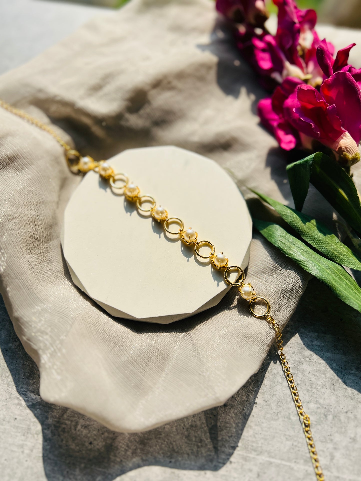 Golden Pearl Link Necklace & Earrings Set