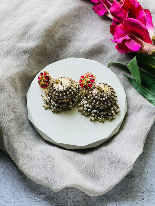 Gulnaar Kundan Stone Pearl Dome Jhumkas