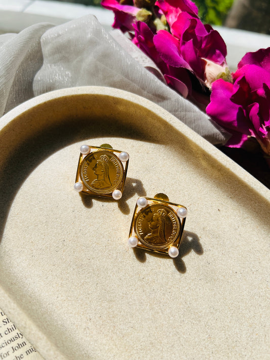 Victorian Pearl Coin Stud Earrings