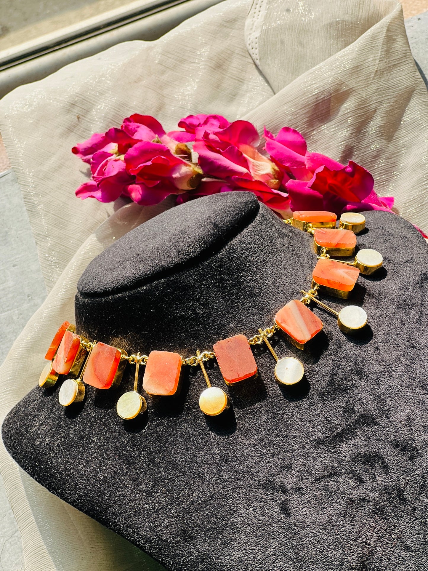 Coral Stone Gold Drop Necklace