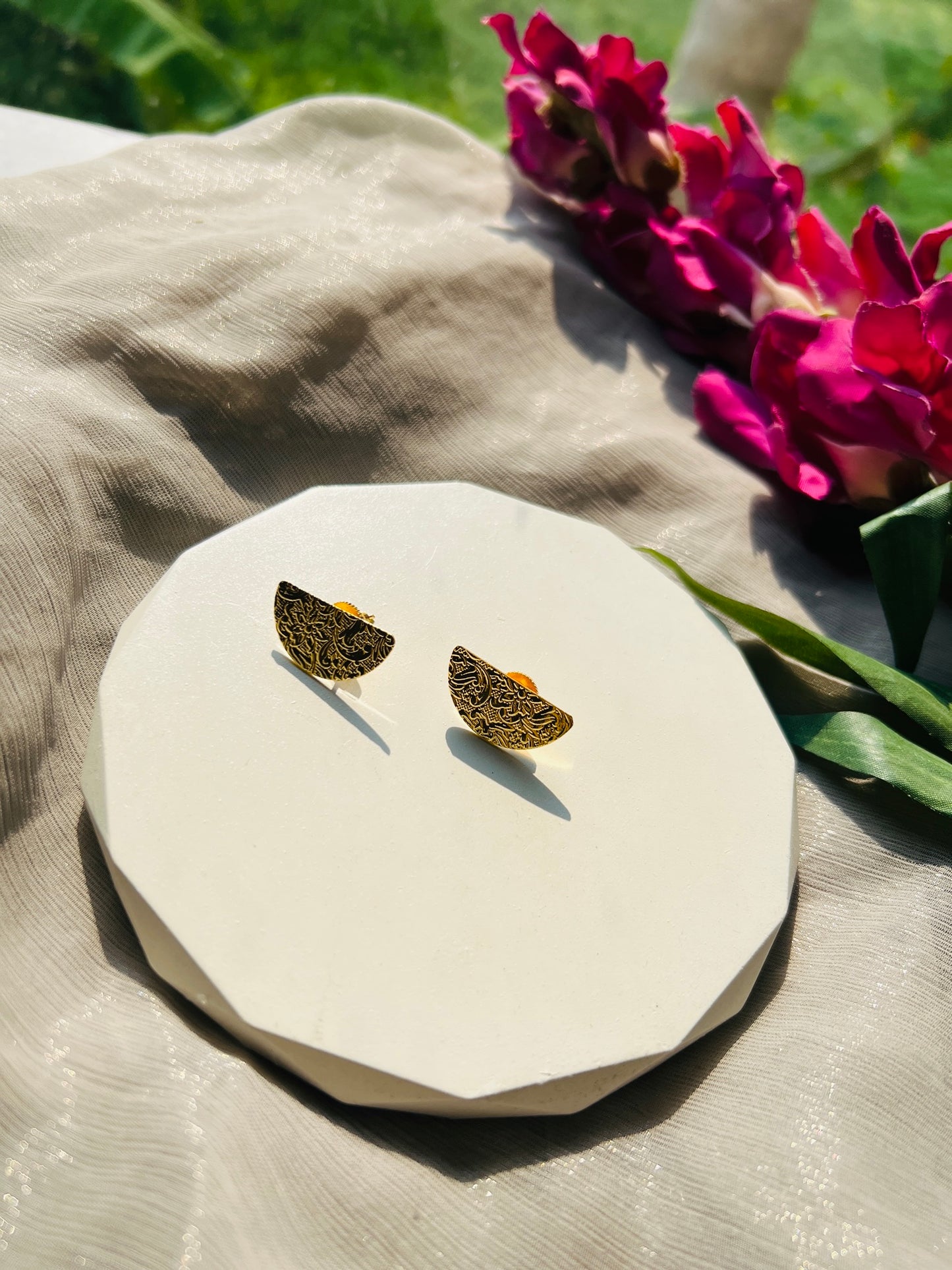 Golden Engraved Arc Stud Earrings