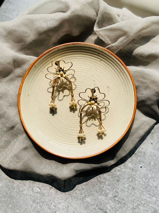 Golden Blossom Pearl Drop Earrings