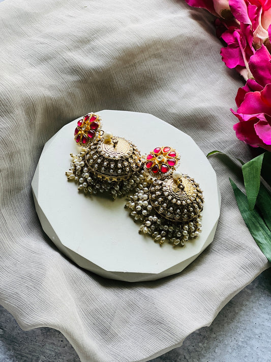 Gulnaar Kundan Stone Pearl Dome Jhumkas