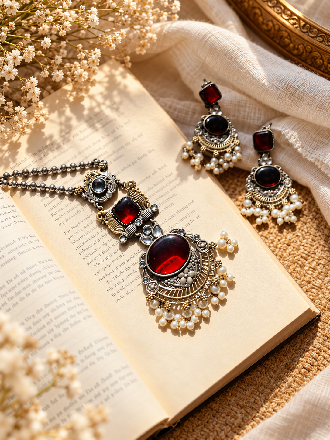 Antique Pearl Filigree Long  Necklace Set
