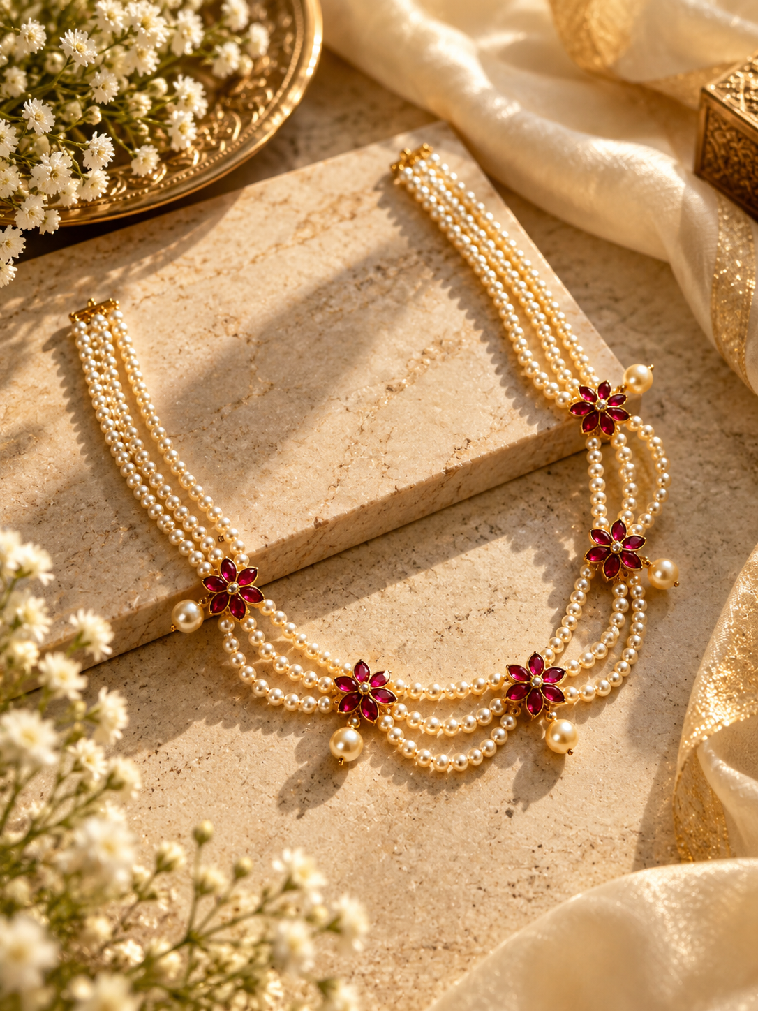 Ruby Blossom Pearl Necklace