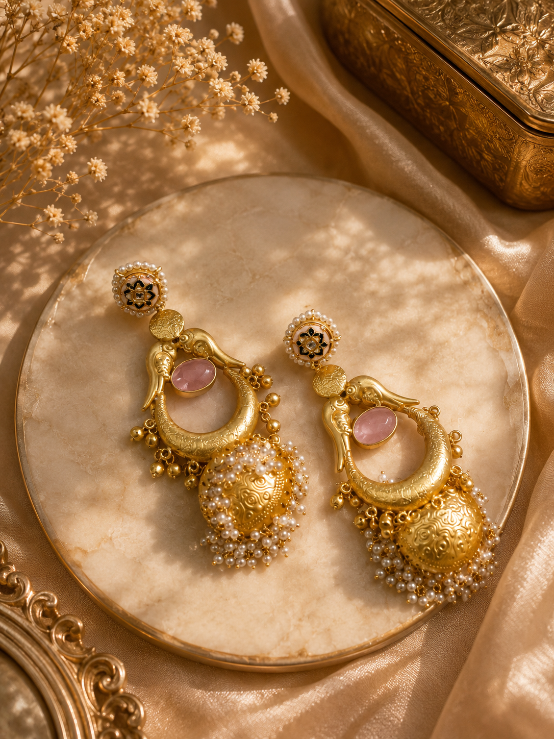 Gulnaar Pearl Peacock Jhumkas