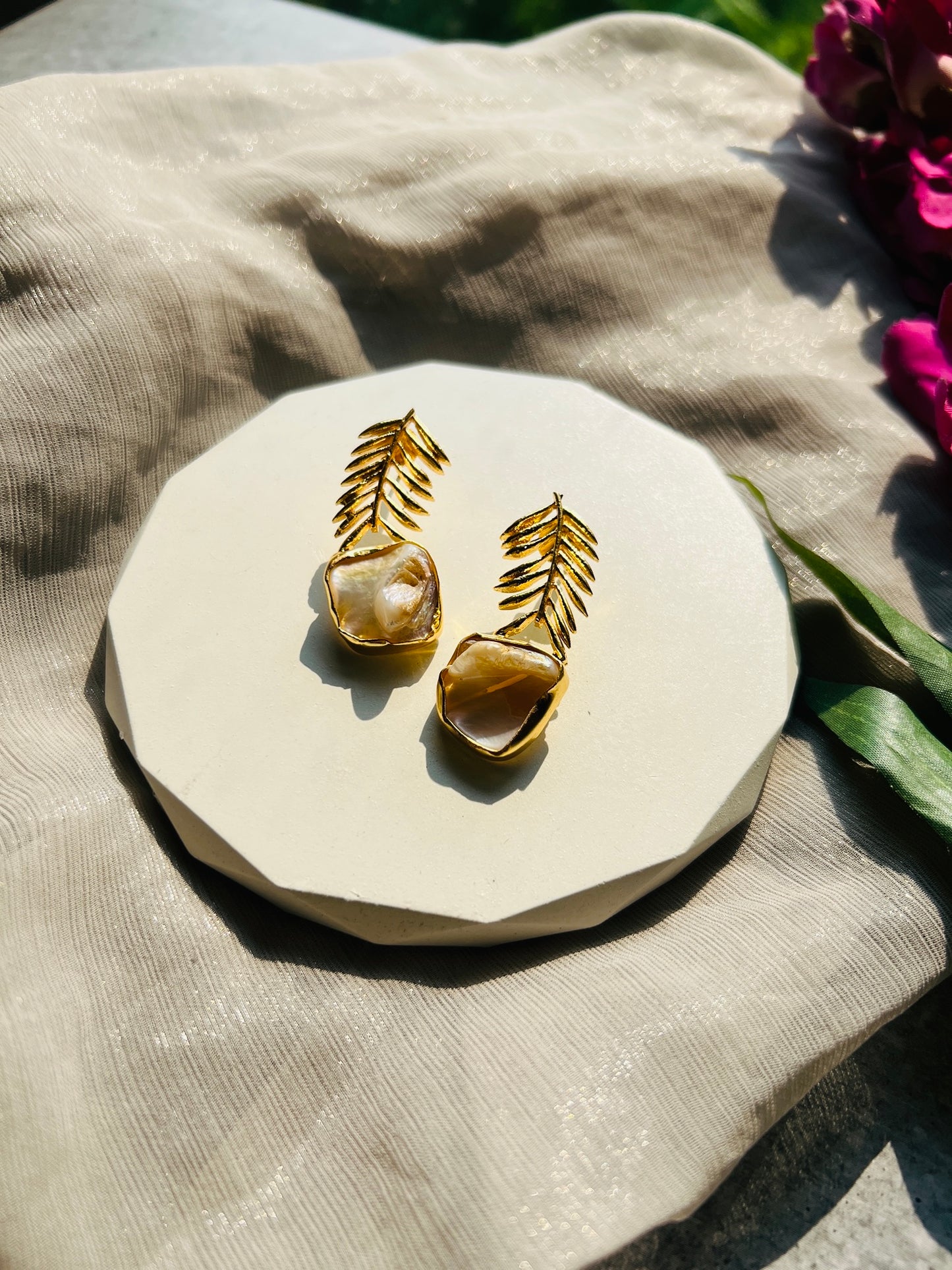 Golden Fern Natural Stone Earrings