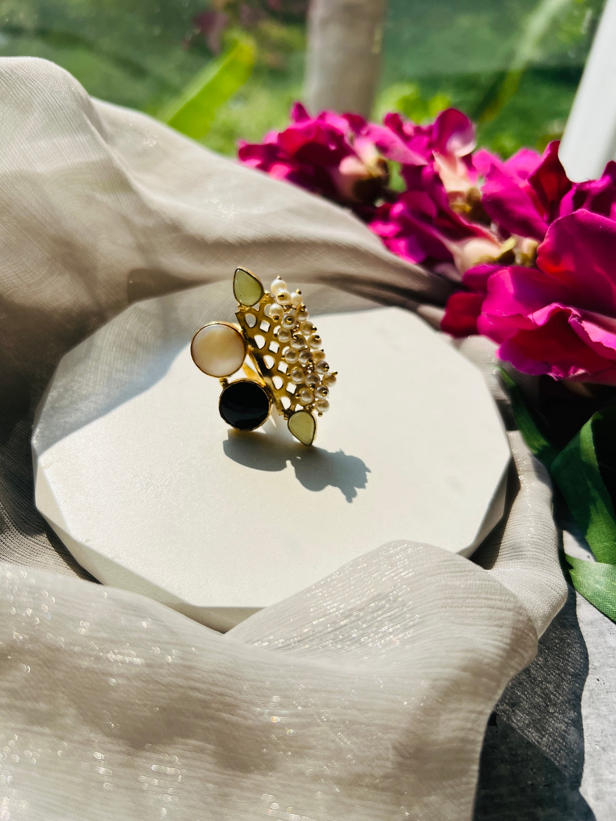 Elara Pearl & Stone Adjustable Ring – TOUCHWOOD STORE