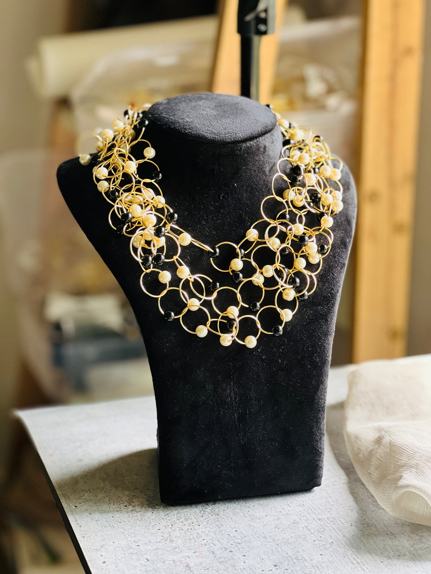 Midnight Pearl Mesh Statement Necklace