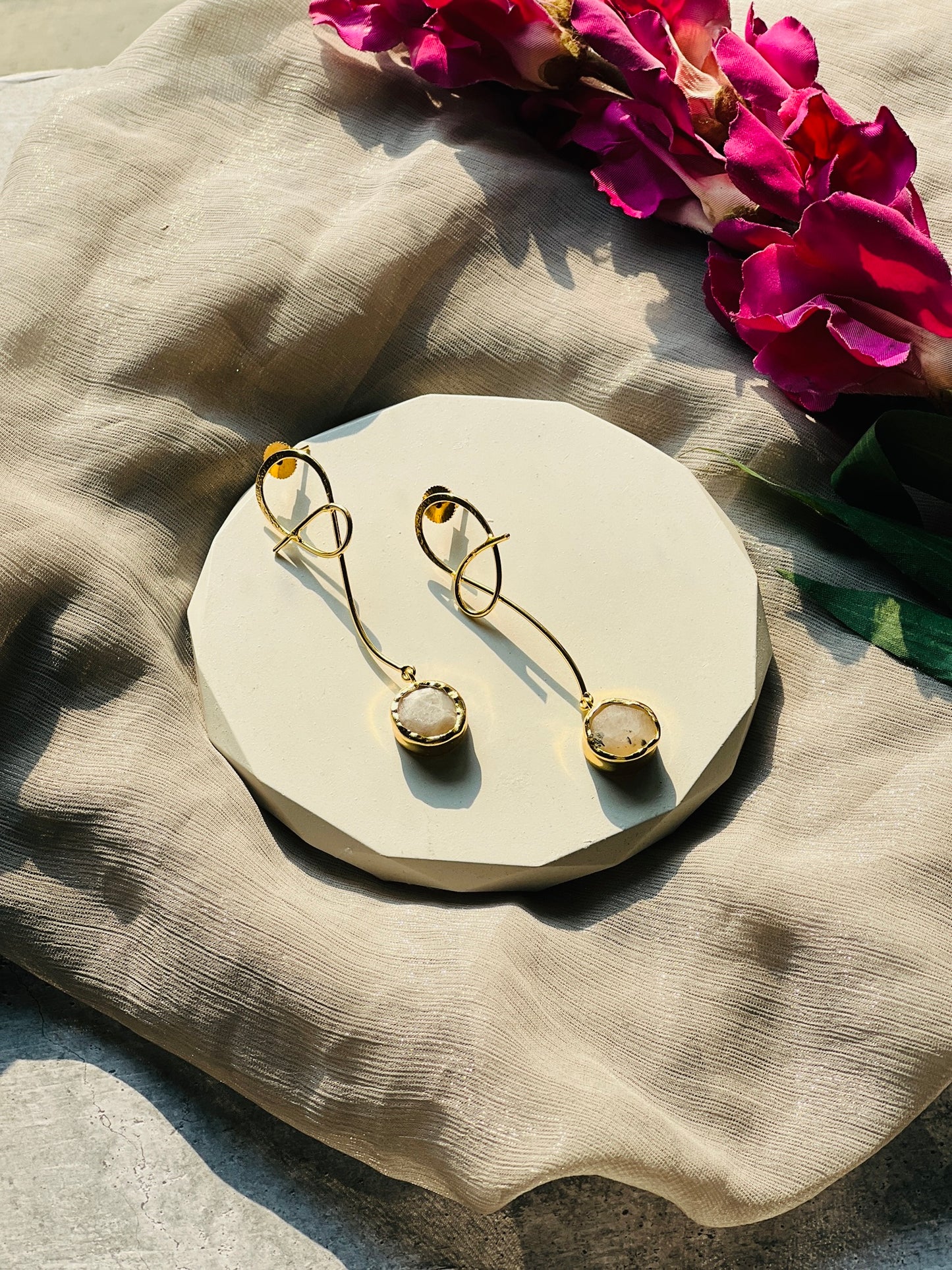 Golden Loop Natural Stone Drop Earrings