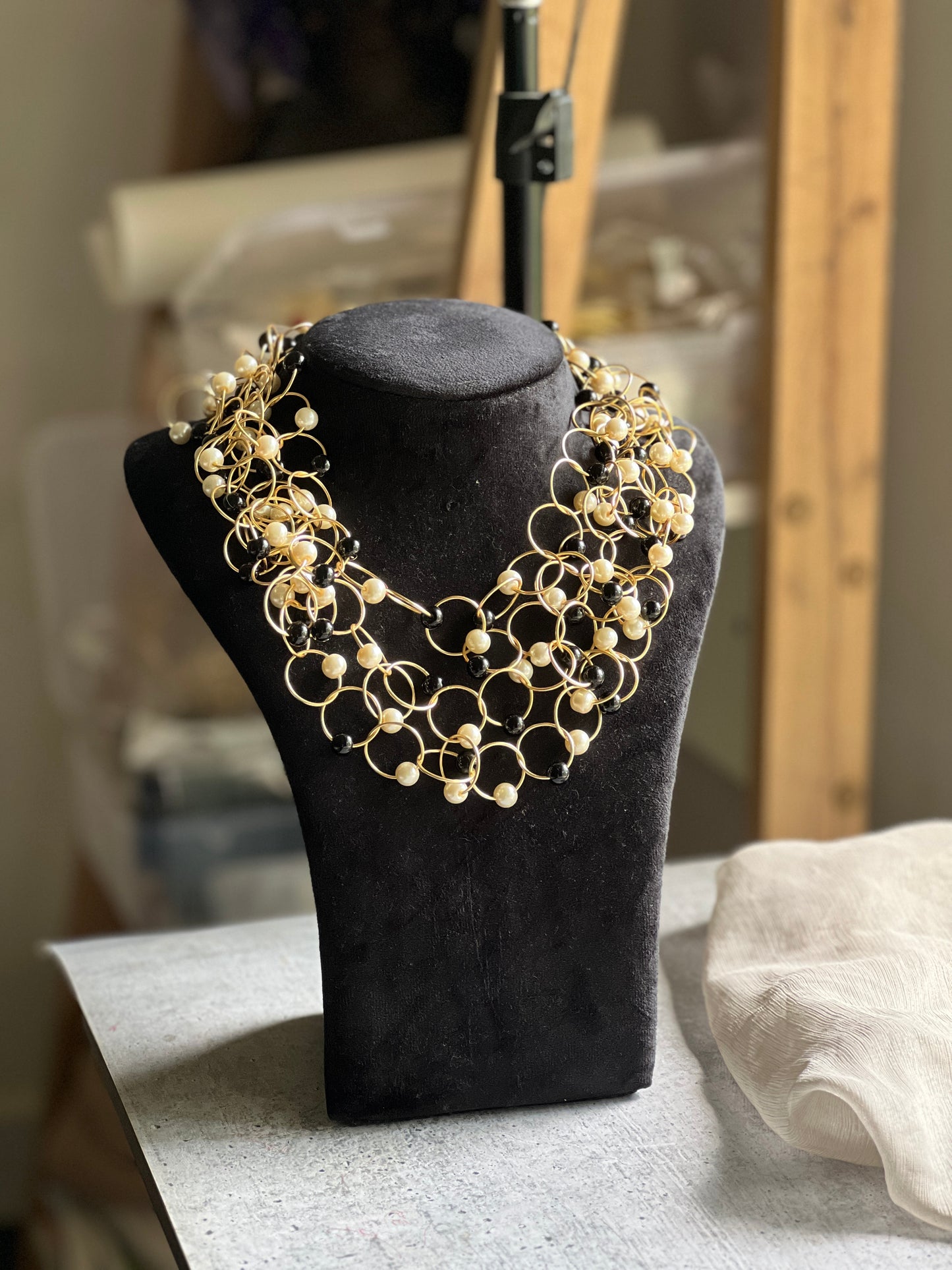 Midnight Pearl Mesh Statement Necklace
