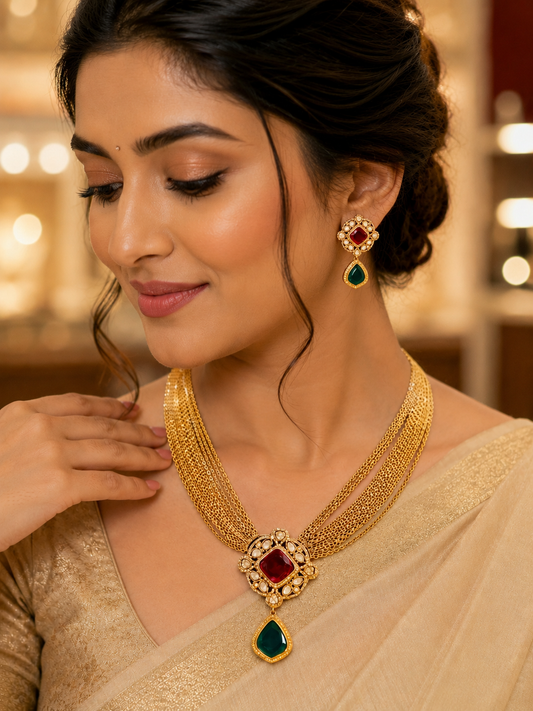 Regal Ruby Emerald Cascade Necklace Set