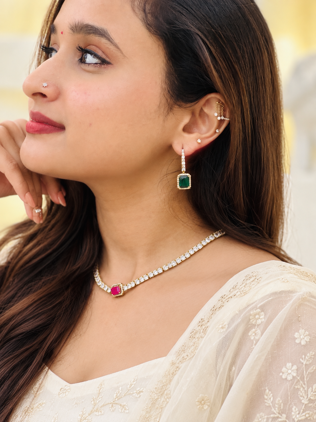 Ruby Emerald Cascade Earrings
