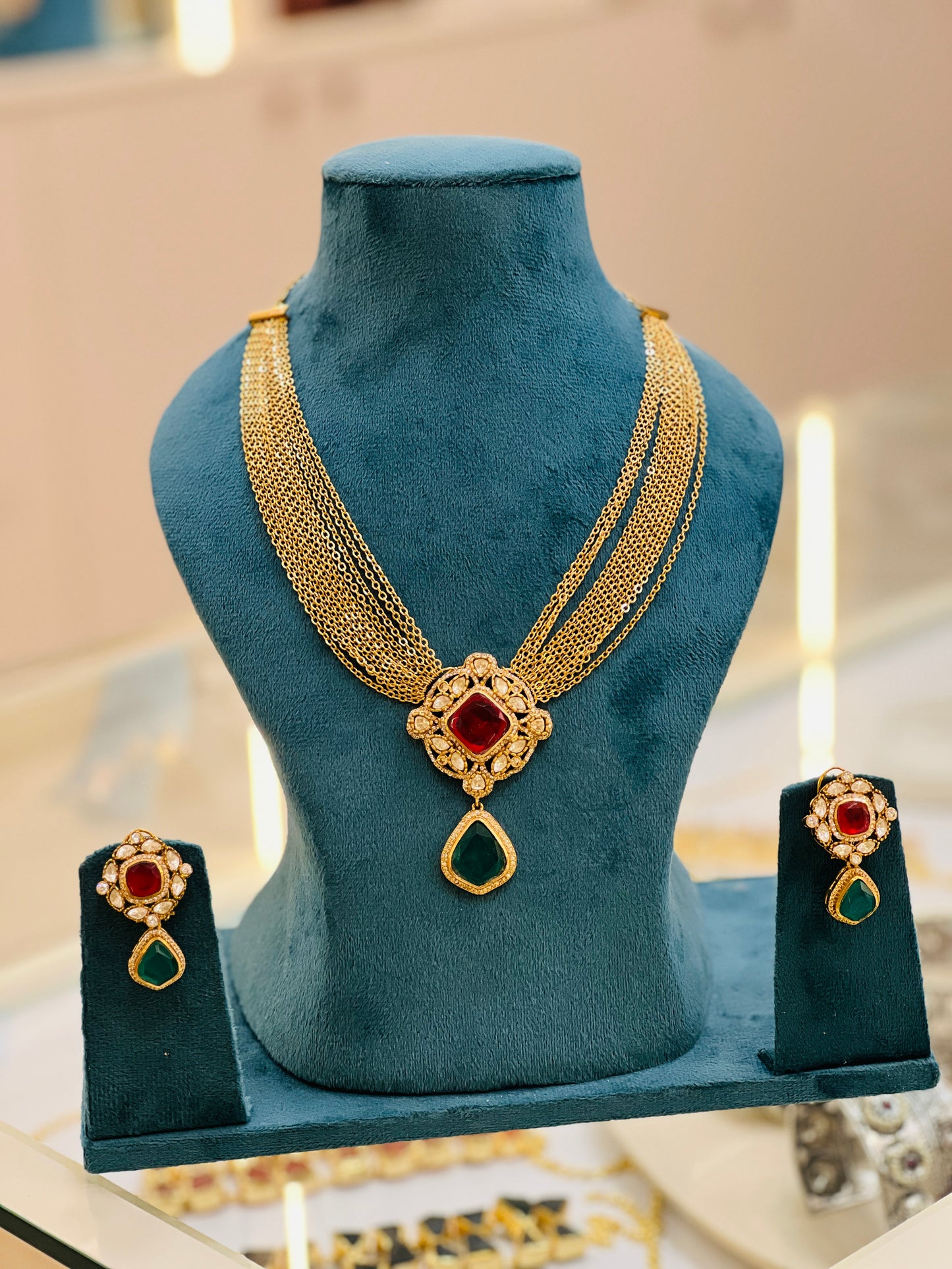 Regal Ruby Emerald Cascade Necklace Set