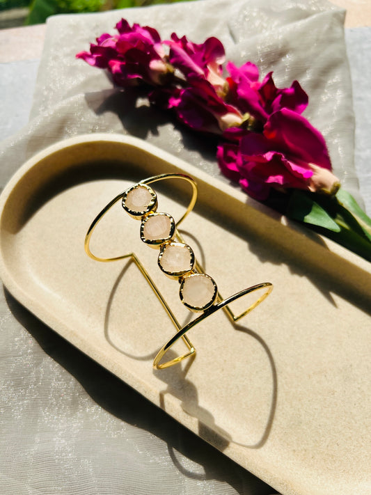 Rose Quartz Linear Adjustable Gold Bangle