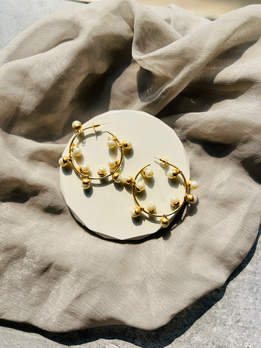 Golden Pearl Charm Hoop Earrings