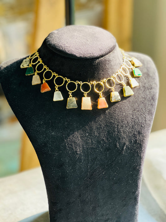 Multi Stone Gold Charm Choker Necklace