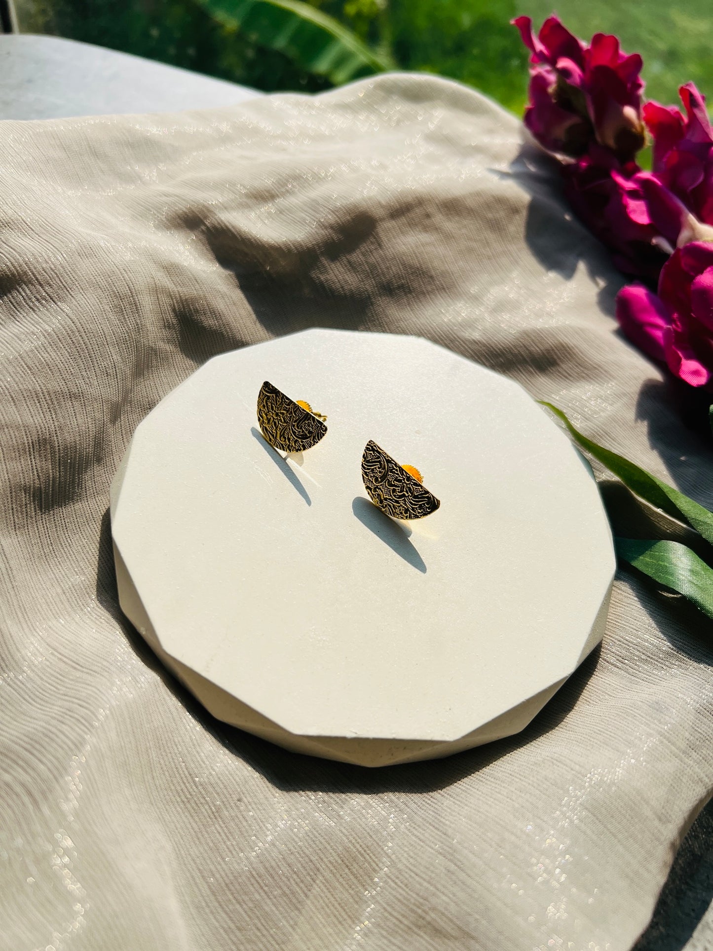 Golden Engraved Arc Stud Earrings