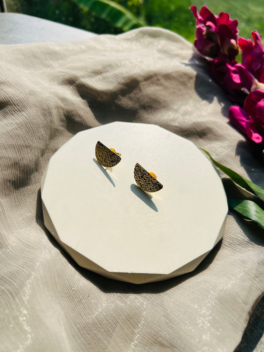Golden Engraved Arc Stud Earrings