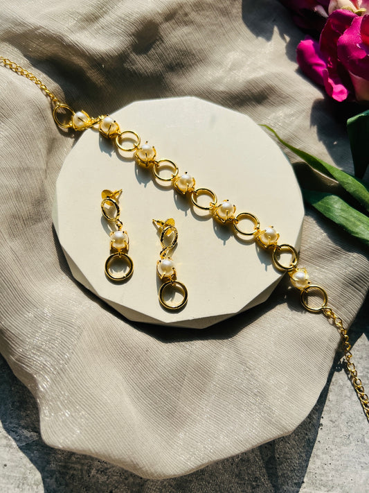 Golden Pearl Link Necklace & Earrings Set