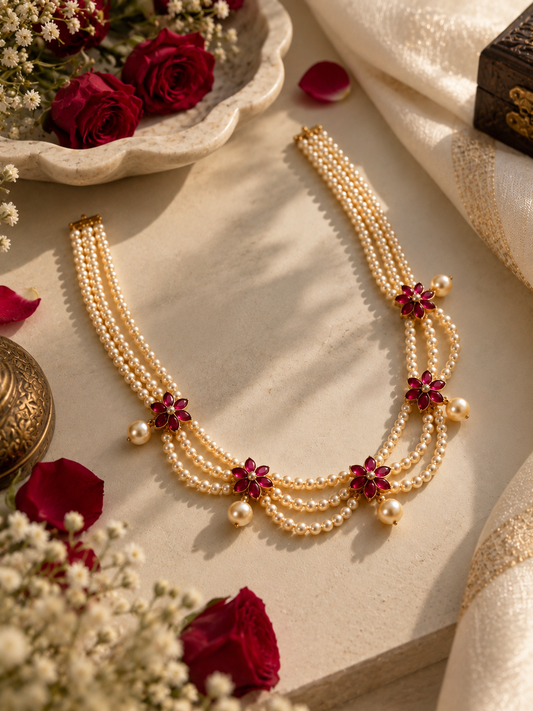 Ruby Blossom Pearl Necklace