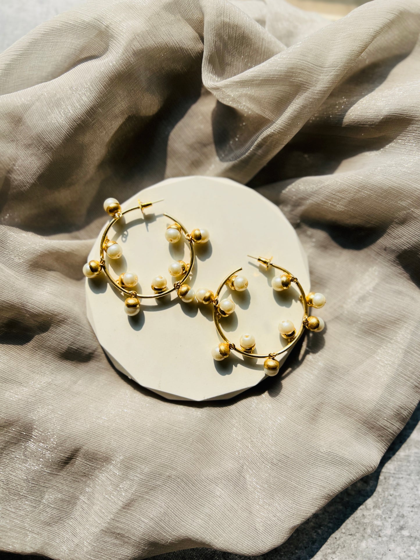 Golden Pearl Charm Hoop Earrings