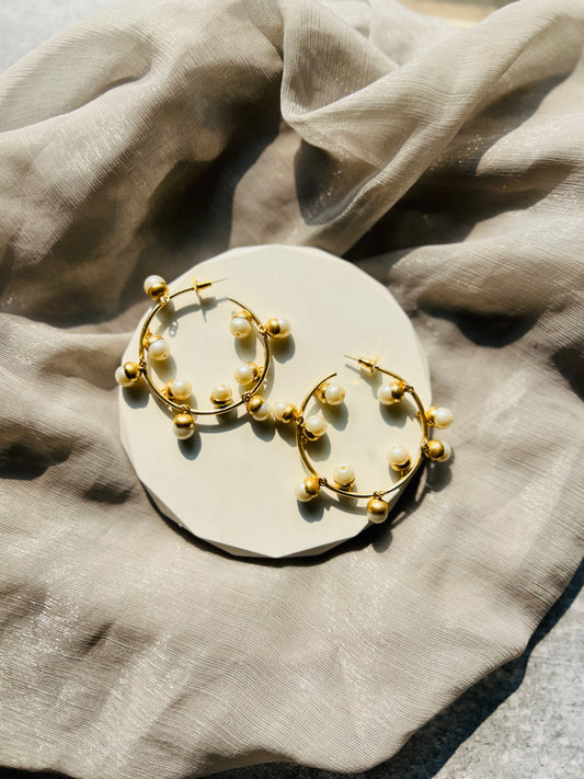 Golden Pearl Charm Hoop Earrings